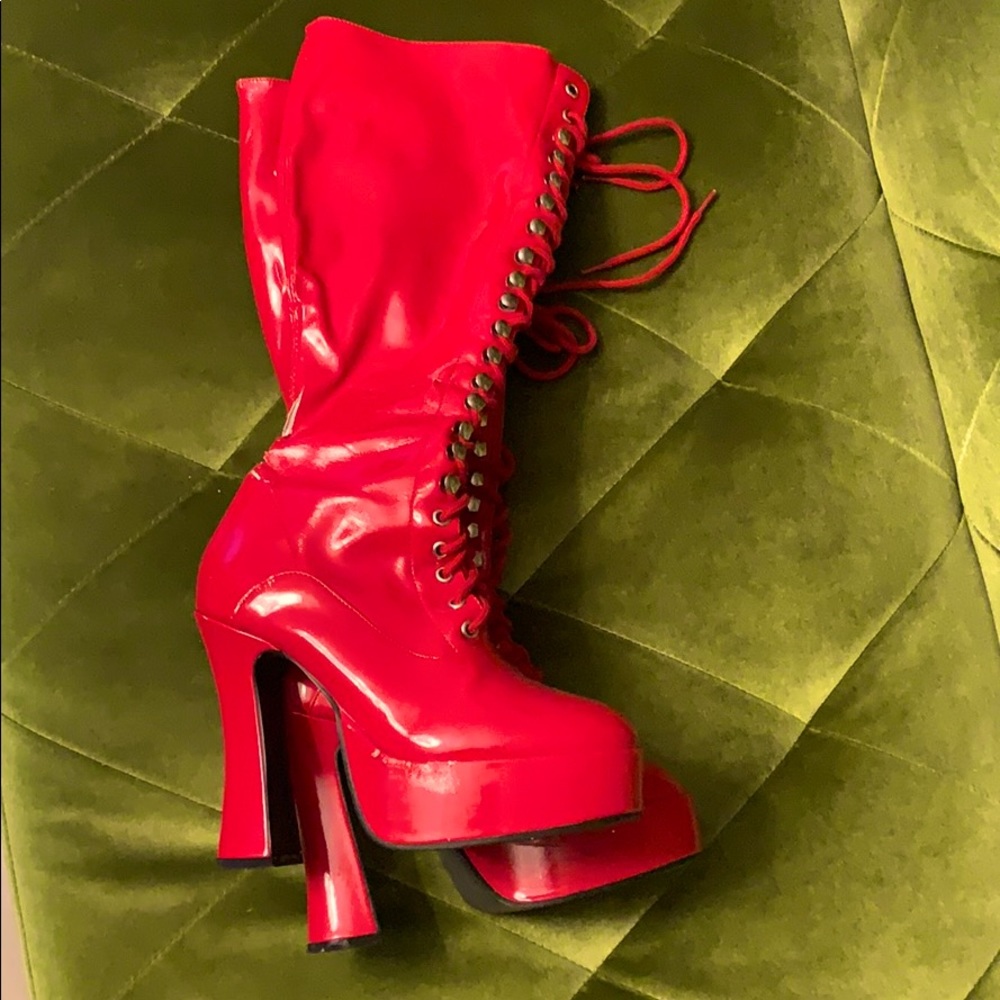 Shiny red high heel boots size 7